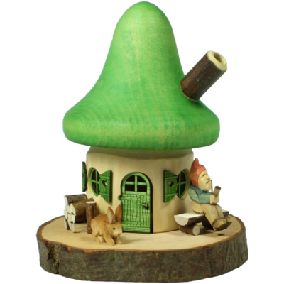 Räucherhaus mit Zwerg grün räucherhäuschen räucherhaus zwerg geschnitzt astholz erzgebirge Räucherhäuschen mit grünem Dach, Astholz